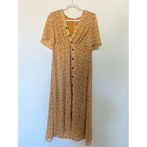 Philosophy Womens Large Golden Yellow White Floral Cottage Maxi Slit Lined Dress